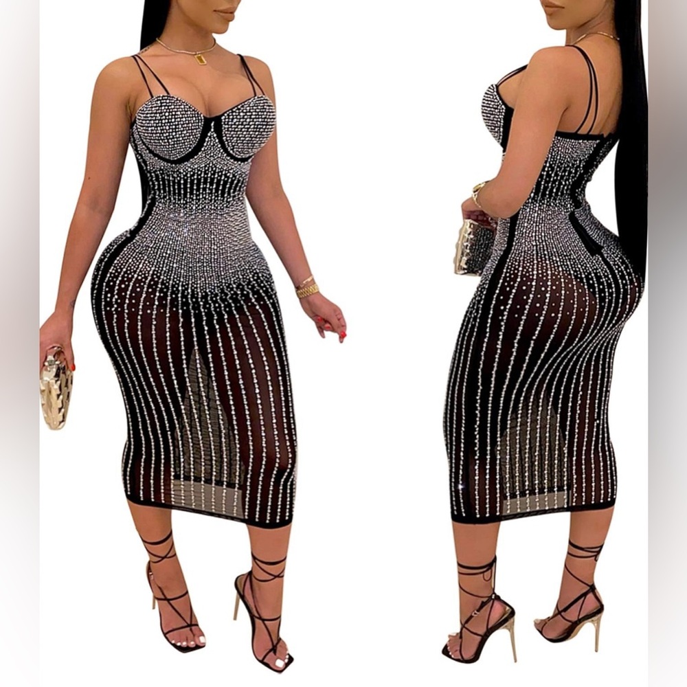 Black Evening Bodycon Rhinestone Dress Size S